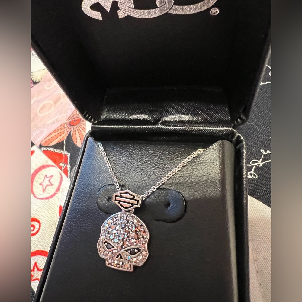 Harley-Davidson® Women's Marcasite & Black Bling Skull Necklace in MOD Box 💎 - Picture 2 of 13